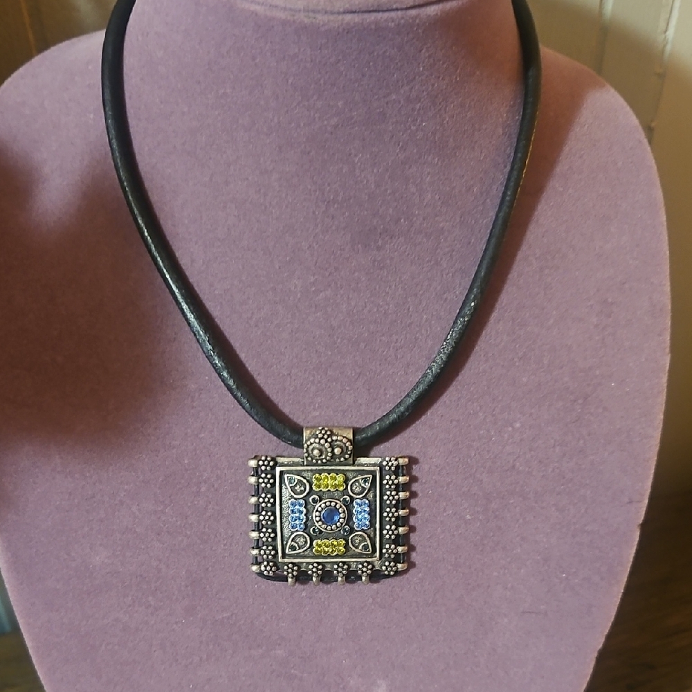 Chico's Black Cord Necklace with Blue and Yellow Pendant
